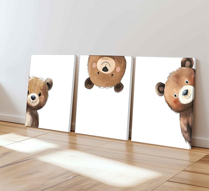3Pcs Baby Teddy Bear Nursery Wall Art Peeking Bear Pictures Wall Decor Peekaboo Kids Room Decor Woodland Animal Posters Neutral Nursery Painting Canvas Print Artwork for Children's Baby Room Bedroom