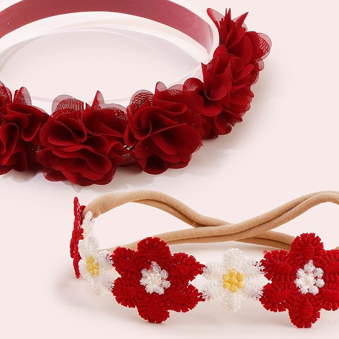OOSAKU Baby Girl Flower Christmas Headbands Set Elastic Floral Headbands 6pcs Soft Nylon Hair Band for Newborn Toddler Hair Accessories (XKFD007)