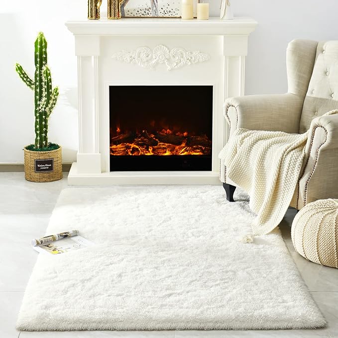 Merelax Modern Soft Fluffy Large Shaggy Rug for Bedroom Livingroom Dorm Kids Room Indoor Home Decorative, Non-Slip Plush Furry Fur Area Rugs Comfy Nursery Accent Floor Carpet 4'x6' Ivory