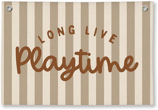 Playroom Decor, Long Live Playtime Wall Hanging Linen Banner, Blue Striped Wall Flag for Kids Room Nursery Playroom Decor, 20x30 Inch-Brown