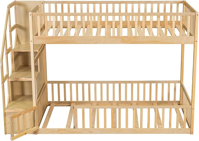 Twin Over Twin Floor Bunk Bed with Storage Staircase, Solid Wood Bunk Bed Frame with Full Length Fence-Shaped Guardrails for Kids Teens Adult Bedroom, Space Saving Design (Natural-Twin/Twin)