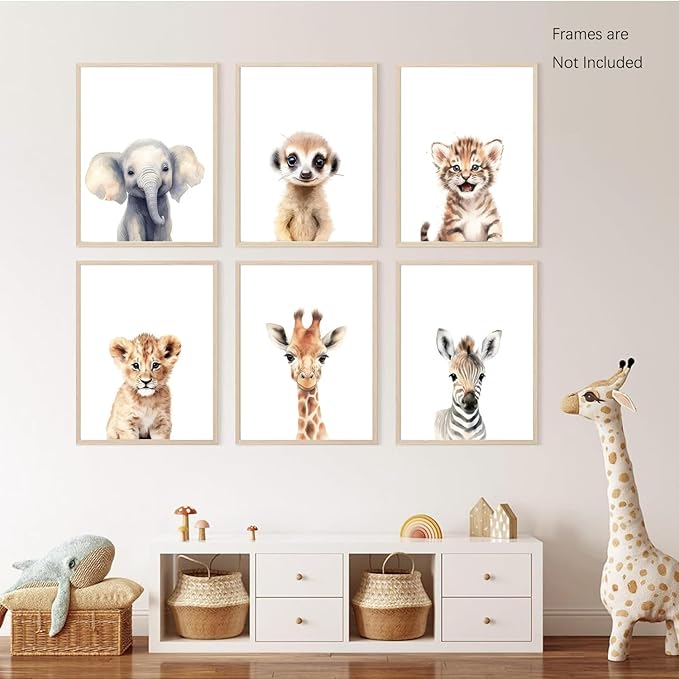 Wodkwq Nursery Wall Art Safari Animal Canvas Prints Baby Girl Boy Room Decor Poster Pictures Cute Jungle Theme Toddler Room Decoration Painting Set of 6 for Kids Bedroom Bathroom 12x16in Unframed