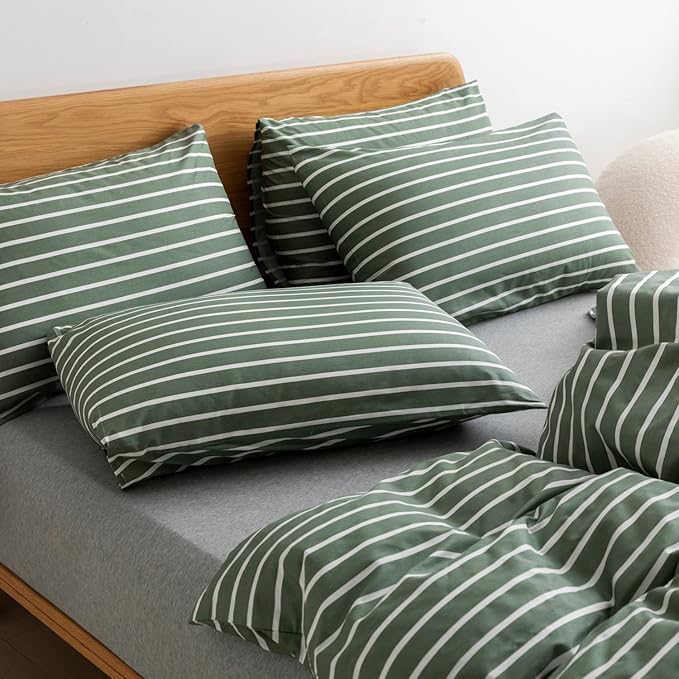 JELLYMONI King Duvet Cover Set, Cotton Duvet Cover 3 Pieces with Zipper Closure, 1 Duvet Cover and 1 Pillowcases(Green with White Striped)