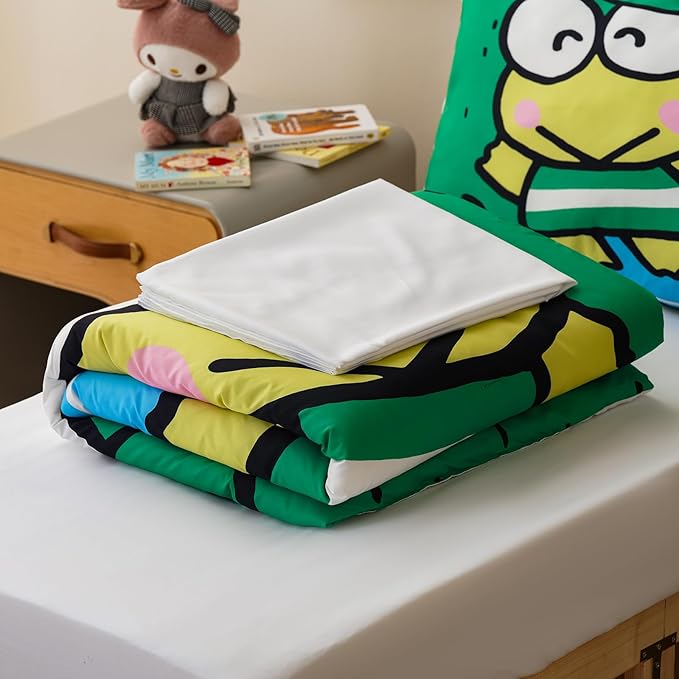 KAREVER Cartoon Toddler Bedding Set Frog Smail Print 4 Pieces Crib Bed Set Kids Reversible Green White Comforter Set