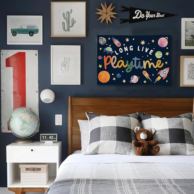 Playroom Wall Decor, Kids Toddler Boy Playroom Space Nursery Decor Hanging Linen Banner, Play Room Wall Decor for Kids Boys Nursery, 20x30 Inch