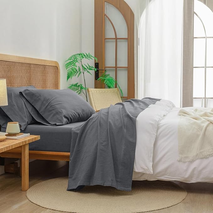 BESTOUCH Sheet Set 100% Washed Cotton Linen Feel Super Soft Comfortable Chic Lightweight 4 Pcs Home Bedding Set Solid Quiet Shade Grey Cal King