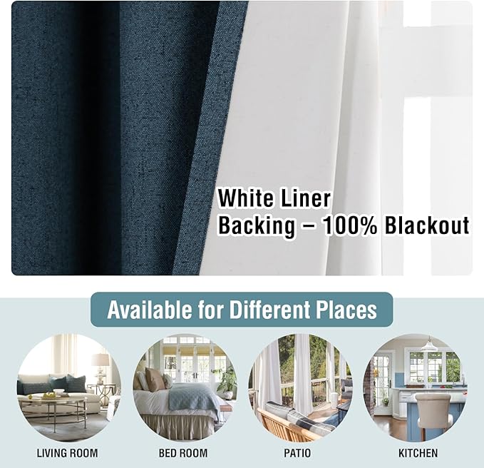 H.VERSAILTEX Primitive Linen Curtains 100% Blackout Curtain Drapes Burlap Fabric Curtains with White Thermal Insulated Liner, Grommet Top Drapes Living Room/Bedroom (2 Panels, 42 x 45 Inch, Navy)