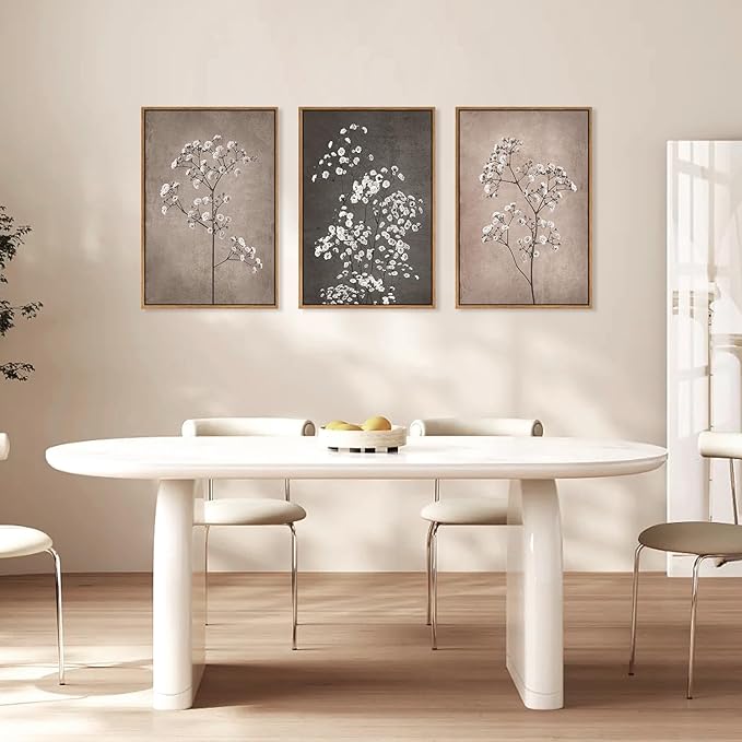 FWIEXA Neutral Floral Wall Art of 3, Framed Beige Botanical Canvas Prints, Minimalist Wildflower Wall Decor, Large Modern Plant Painting, 24x36 Inches Artwork for Living Room, Bedroom, Office, Home