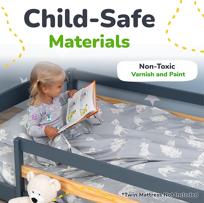 Ocodile Twin Floor Bed with Safety Guardrails for Kids, Montessori Inspired with Rails and 2 Openings, Twin Size Bed Frame for Girls and Boys - Gray