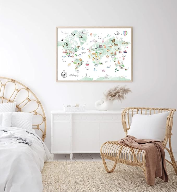 Green Kids World Map Wall Art Animal Map Canvas Wall Art Nursery Wall Decor World Map Poster Childrens Room Decor Playroom Prints Educational Artwork 16x24 Inch Unframed