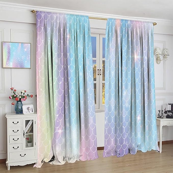 Mermaid Curtains, Kids Cartoon Watercolor Sea Animals Mermaid Princess Scales Pattern Print Living Room Decoration for Kids Girls Bedroom Nursery 42x44 Inch