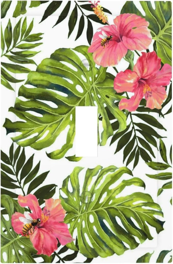 Tropical Plant Green Palm Single Toggle Wall Plate Covers 1 Gang Light Switch Cover Banana Leaves Pink Flower Rainfores Jungle Botanical Faceplate Decorative Electrical for Bathroom Kitchen Home Decor