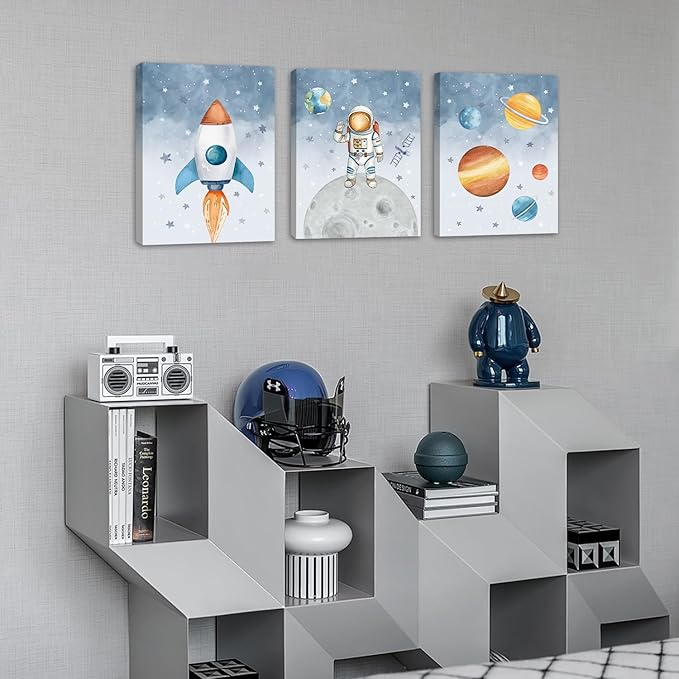 KAlRNE Outer Space Nursery Canvas,Astronaut Wall Art,Planet Wall Decor,Rocket Art Prints,Set of 3(12X16 Inch,Framed) Explore Dream Galaxy Painting for Boys Space Nursery Bedroom Playroom Decor