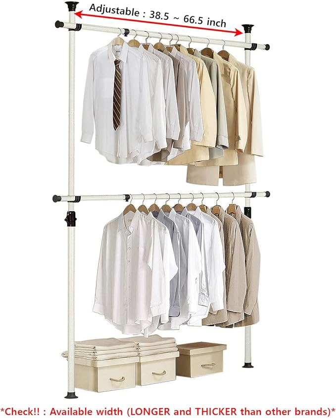 PRINCE HANGER Heavy Duty Adjustable Garment Rack – One Touch System for Easy Assembly, 352 LBS Load Capacity, Freestanding Metal Wardrobe Closet Rack Ivory (Width Adjustable, PHUS-0023)