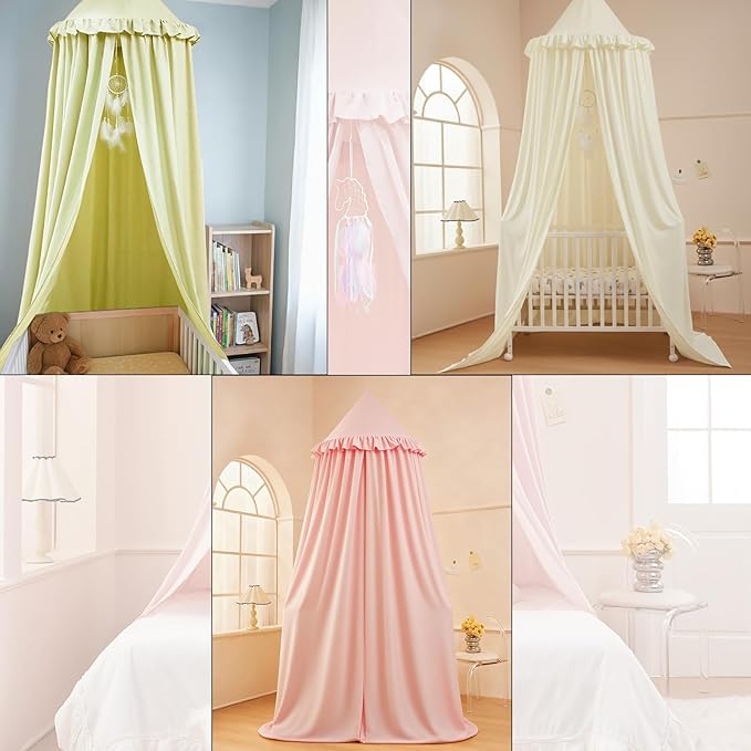 Akiky Kids Bed Canopy for Crib & Twin Size with Ruffles Dreamcatcher, Boys Princess Girls Nursery Room Decor Toddler Baby Dome Round Hanging Tent Curtains Skirt Over Bed Reading Nook Play Tents White