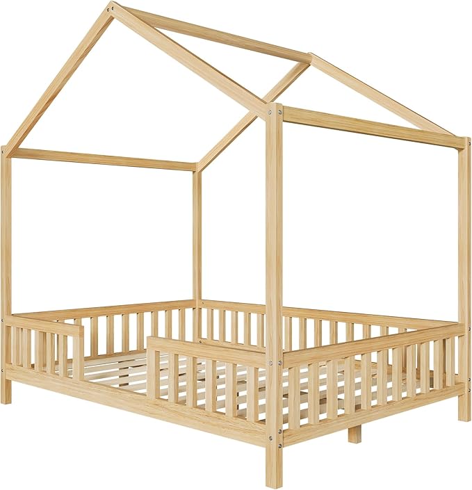 Montessori Floor Bed with Canopy, High Railings and Roof, Full Size Wood House Bed Frame for Kids Bedroom (Natural/C)
