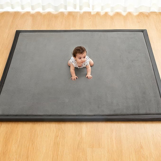 Baby Play Mat for Floor, 71'' x 59'' Thicken Foam Soft Padded Playmat for Tummy Time, Playpen Mat for Toddlers, Water-Repellent Coral Velvet, Non-slip Bottom Safe for Crawling (Dark Grey)