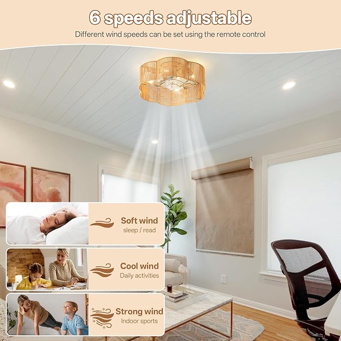 Caged Ceiling Fan with Lights, Flush Mount 20" Boho Ceiling Fans with Lights Remote Control, Low Profile Bladeless Rattan with 6 Speeds for Bedroom, Nursery, Kitchen