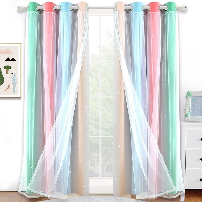 Kinryb Nursery/Kids/Girls Room Star Cut Out Blackout Rainbow Curtain with Sheer Overlay 2 Panels, Each 52 inch Wide,95 inch Length with White Gauze,Ombre Stripe Rainbow Curtains (2 Panels,52x95 Inch)