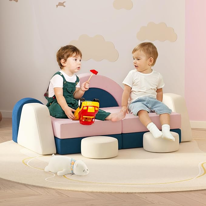 12 PCS Modular Kids Play Block Couch Child Sectional Soft Sofa Toddler Building Fortplay Climbing Bedroom Playroom Baby Convertible Floor Foam Cushion for Boys & Girls (Pink+Blue+Beige)