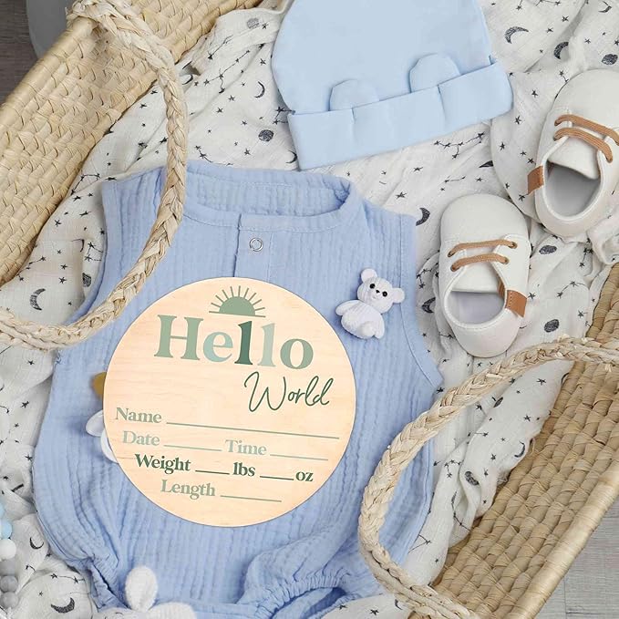 Hello World Newborn Sign - Baby Name Birth Announcement Plaque for Hospital - Photo Prop - Green Nursery Decor - Shower Gift