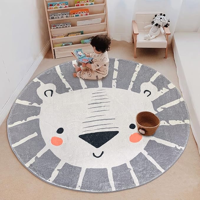 ABREEZE Large Round Kids Play Mat 5.3ft,Lion Nursery Rug Fluffy Faux Wool Kids Rug Soft Plush Non-Slip Childrens Carpet for Bedroom Living Room Playroom,Grey