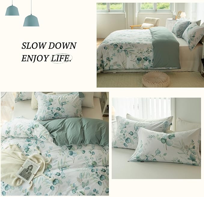 MILDLY Duvet Cover Leaf Pattern- 100% Washed Cotton Eucalyptus Printed Linen Feel Bedding Set Sage Green Comforter Cover with Zipper Closure 4 Ties King Size