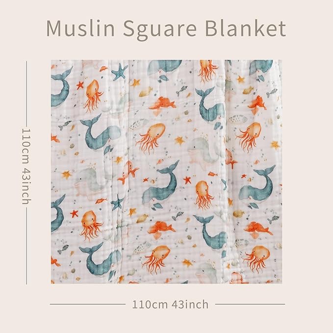 Muslin Swaddle Blankets 6-Layer Cotton Baby Blankets for Boys & Girls 43"X43"Inches Receiving Blankets,Soft Skin-Friendly Baby Crib Blanket,Breathable Quilt Bedspread(Ocean Animals)