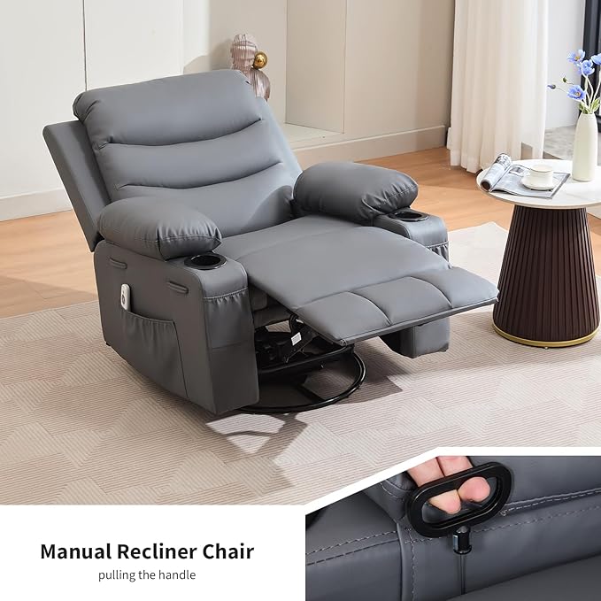 Leather Recliner Chair Nursery, Oversized Manual Reclining Rocking Chair, 360 Swivel Glider with Cup Holder, Massage and Heat Recliner, Indoor Small Single Sofa Chairs for Adults, RV, Bedroom, Gray