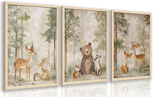 Cyebmo Woodland Animals Wall Art Set of 3, Baby Boy Wild Forest Animals Wall Decor, Deer Bear Fox Canvas Painting, Neutral Aesthetic Pictures for Kids Room Benroom Nursery Wood Framed 12"x16"x3