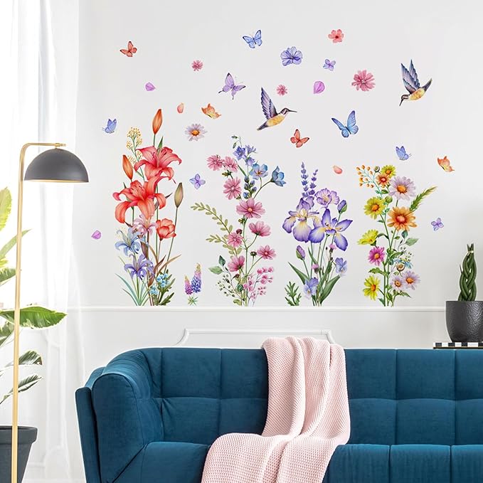 Flower Wall Decals Lily Flower Butterfly Bird Floral Wall Stickers Colorful Cute Cartoon Wall Decor for Living Room Kids Room Playroom Home Wall Decor