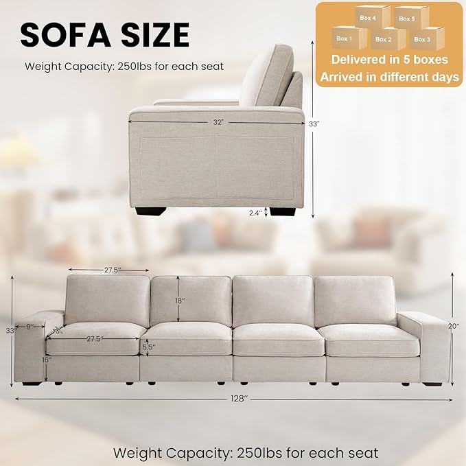 TEKAMON 128" Modular Sofa Couch with Large Seats Storage, Chenille Sofa， Modern Comfy 4-Seater Couch for Living Room, Office, Apart W/Deep Seat, Wide Armrest, Side Pockets, USB Port, Removable Cover