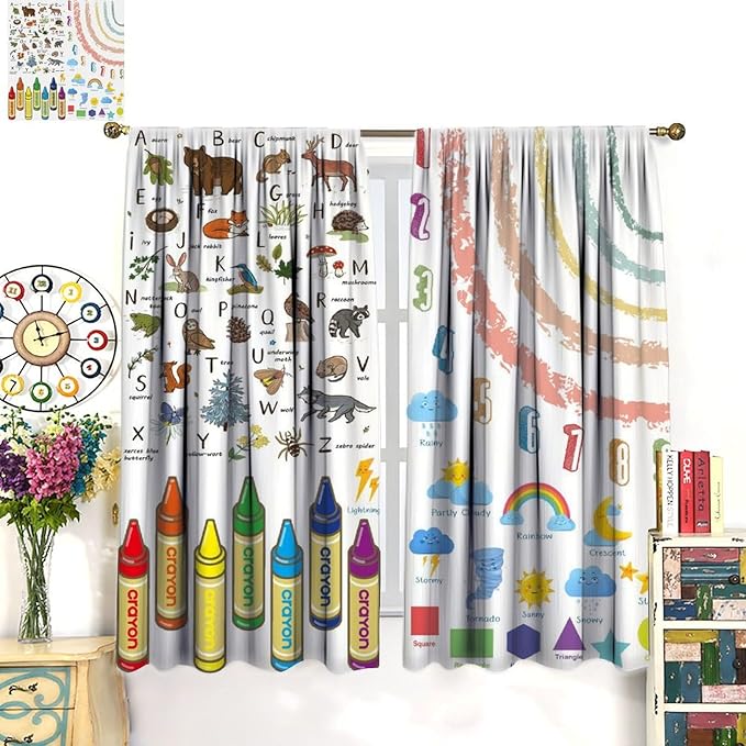 Kids Alphabet Curtain, Funny Cartoon Animal Rainbow Learning, Educational Boys Girls Children Printed Rod Pocket Blackout Window Treatments for Bedroom Living Room Nursery 55" W X 63" L