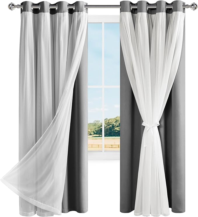 Hiasan Grey Blackout Curtains with Sheer Overlay, Grommet Thermal Insulated Privacy Mix & Match Double Layer Room Darkneing Curtains for Bedroom, Living Room, 2 Window Panels with Tiebacks, 52W X 84L
