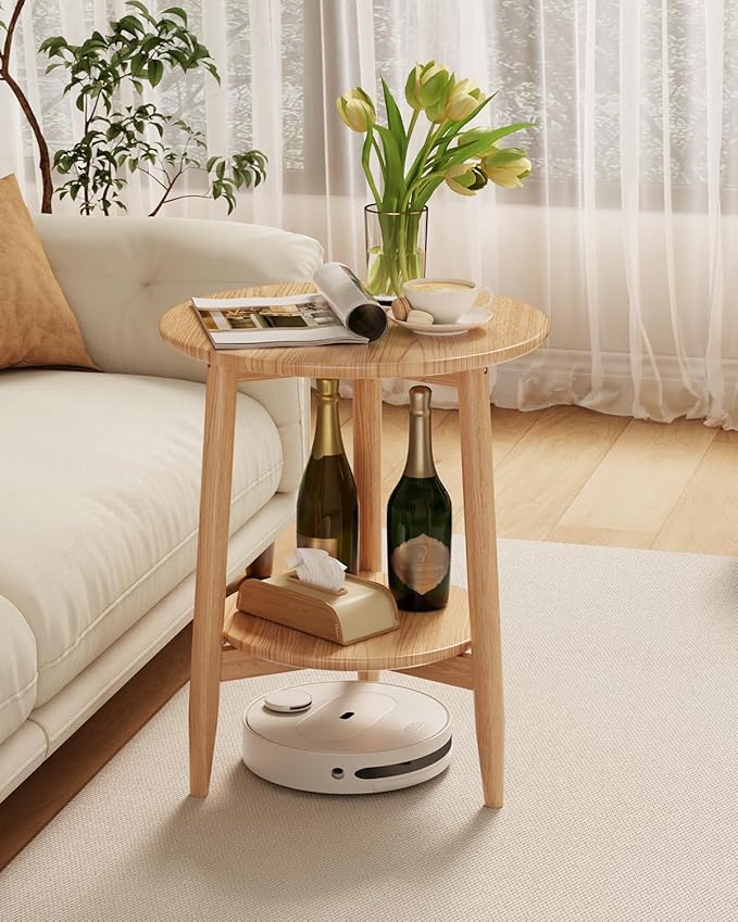 Round End Table,Solid Wood Small Round Table with Lower Shelf,Round Side Table，Nightstand for Small Spaces,Living Room,Bedroom(Natural)