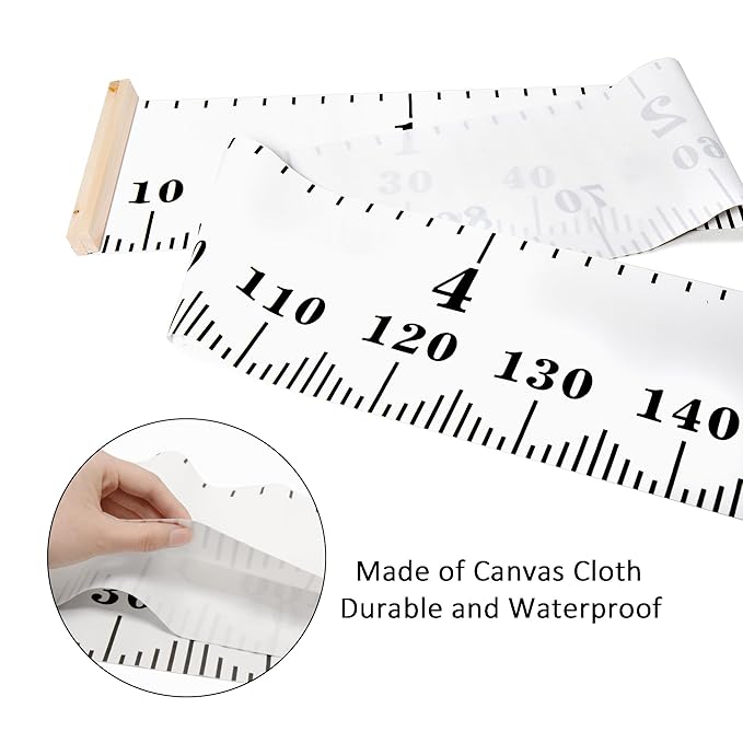 Growth Chart for Wall with Clear Adhesive Hook, Waterproof Canvas Adult Growing Kids Baby Height Measuring Hanging Ruler, 6.56 Feet for Nursery, Child Room Decor (Wood Frame, 78.7"x7.9" Simple)