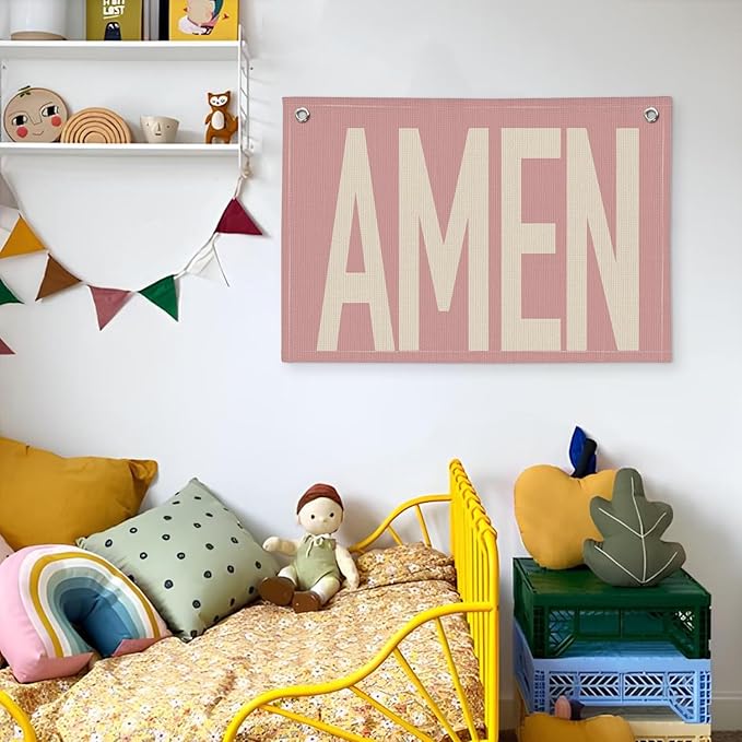 Pink "AMEN" Wall Art 20x30 Inch - Coquette Christian Decor, Girls Bedroom Hanging, Linen Prayer Banner, Nursery Faith Sign, Blush Religious Gift, Church Baptism Decor