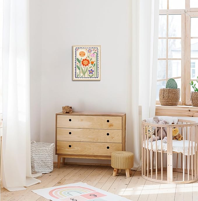 KISSFOX Framed Wall Art Nursery Wall Decor Sunflower Pictures Kids Cute Smiling Floral Canvas Art Colorful Sweet Paintings Whimsical Botanical Artwork For Children Boys Girls Room Playroom