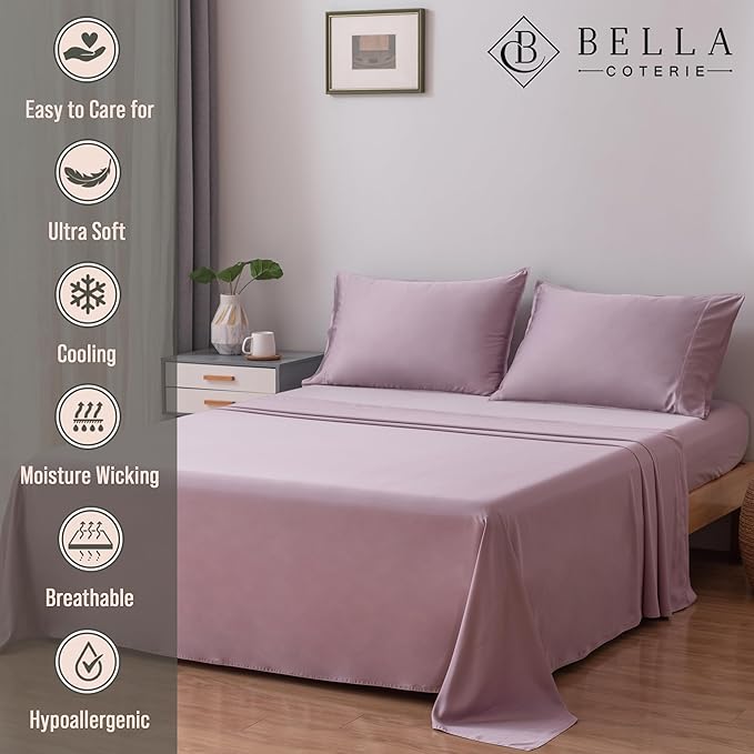 Bella Coterie Luxury Bamboo Viscose Twin XL Size Sheet Set | 100% Organically Grown | Ultra Soft | Cooling for Hot Sleepers | 18" Deep Pocket [Lilac]