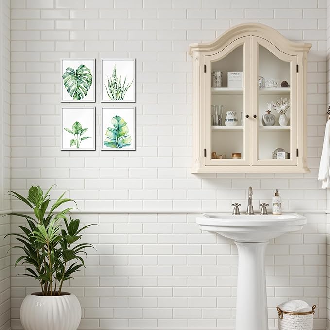 OFJE Botanical Green Leaf Wall Art Prints Set of 4, Tropical Plant Watercolor Poster for Bathroom Bedroom Living Room Decor, Unframed 8x10