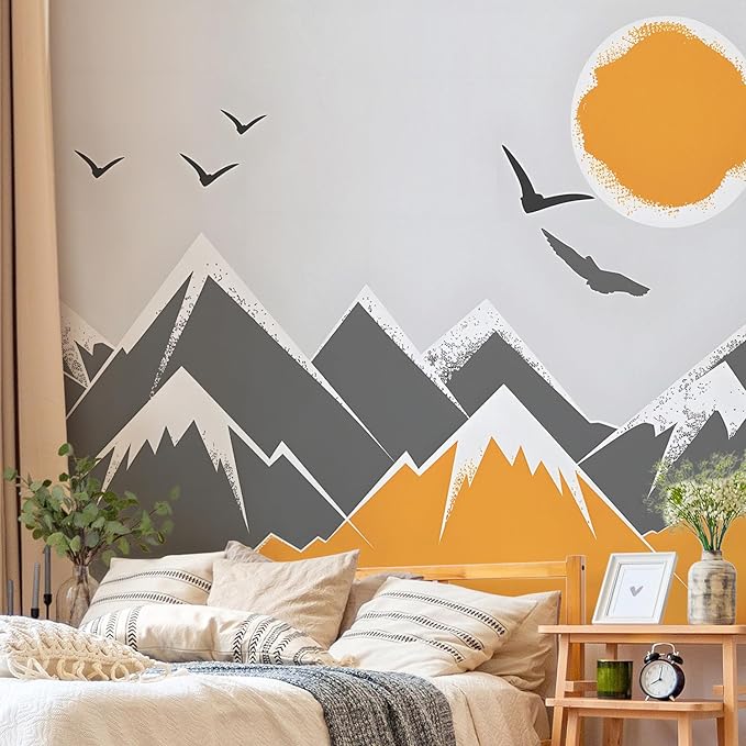 AM AMAONM 63x89.8inch Large Abstract Snowy Mountain Wall Decal, Warm Earth Tones, Watercolor Mountain Sun Wallpaper, Removable Wall Contact Paper Mural for Nursery Living Room Background