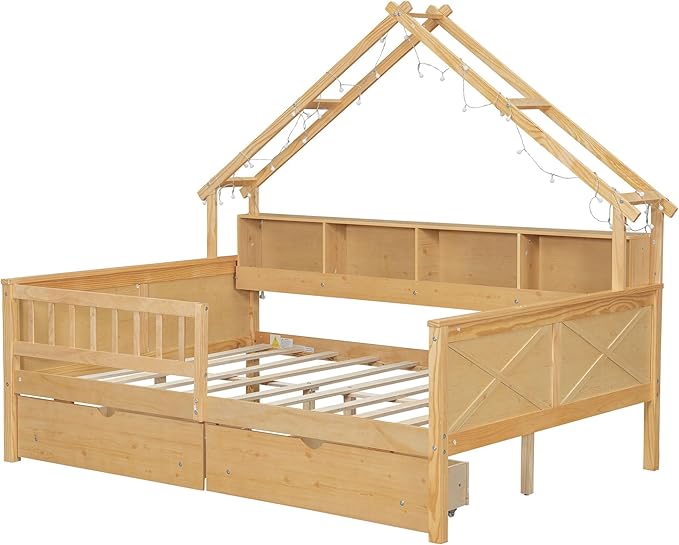 Bellemave Full House Platform Bed with Drawers Wood House Bed with Storage Shelves and LED Lights House Platform Bed Frame for Kids, Teens, Adults, No Spring Box Needed (Natural)