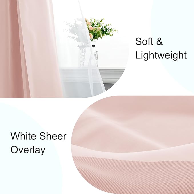 XWZO 100% Blackout Double Layer Curtains for Nursery, Blackout Curtains with Sheer Overlay for Girls Bedroom, Grommet Thermal Insulated Privacy Curtains with Tiebacks, 2 Panels, 52x96, Blush