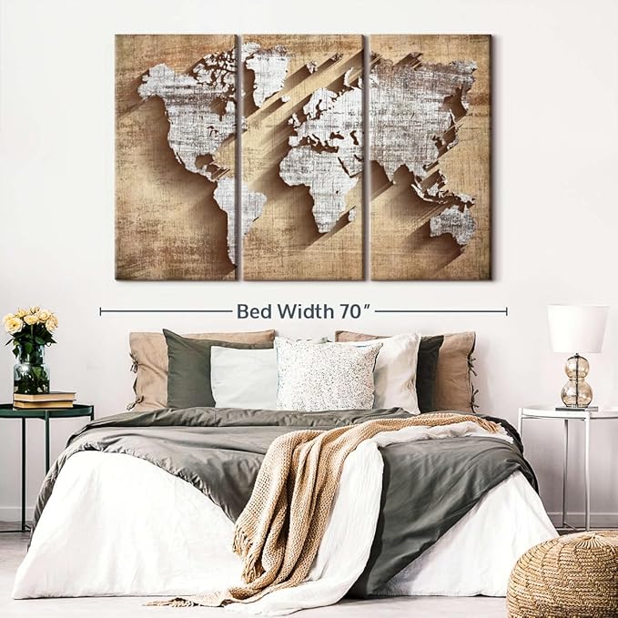 ElephantStock Dimensional World Map II Multi Piece Canvas - 3 Piece Canvas World Map Wall Decor - Wall Decor - Ready-to-Hang Print - Vintage Wall Art - 65" X 42"