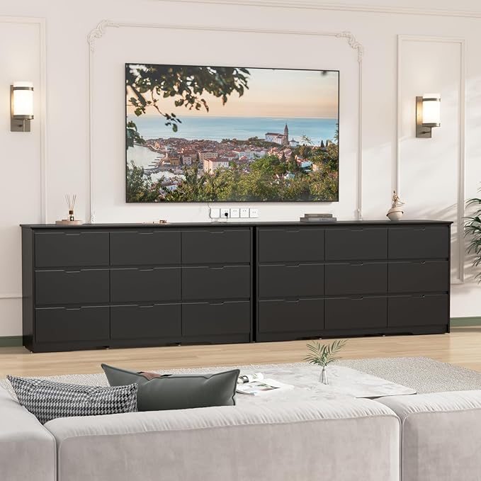 CARPETNAL 9 Drawer Black Dresser for Bedroom with Deep Drawers, Large Dressers & Chest of Drawers Handle Free, Modern Long Dressers for Closet Bedroom, Living Room (59.25" W x 15.9" D x 31.9" H)