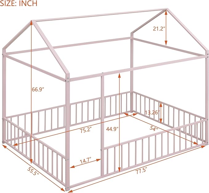 Bellemave Full Size Montessori Floor Bed, Metal House Bed Framefor Kids, Montessori Floor Beds with Fence, Playhouse for Kids, Pink