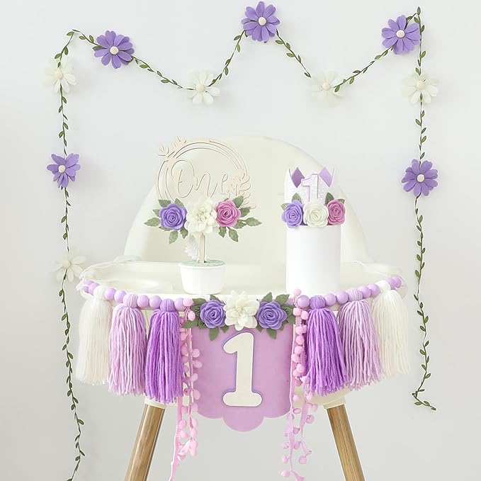 Wildflower 1st High Chair Banner Birthday Decorations For Girl One Flower Cake Topper Floral Hat Birthday Decoration Supplies