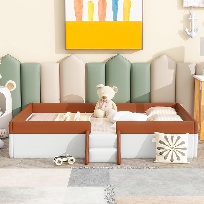 Full Size Upholstered Daybed Frame with Fence and Stairs, Montessori Kids Floor Bed with Sturdy Slat Support for Kids Boys Girls (Brown+Full)