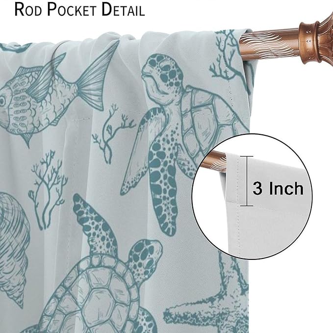 Turtle Starfish Curtains,Coral Starfish Seashell Beach Sea Seashell Theme Pattern Blackout Print Home Bedroom Living Room Window Treatmen 2 Panel Set 55x63 Inch