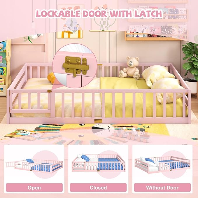 Giantex Queen Floor Bed with Door & Fence, Kids Wood Montessori Beds with Safety Guardrails, Floor Bed Twin for Kids, Boys, Girls, No Box Spring Needed, Pink
